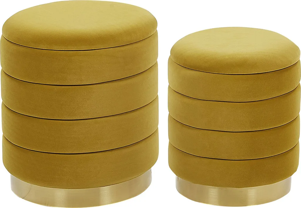 Pouf Coffre de Rangement en Velours Jaune et Acier Doré - Lot de 2