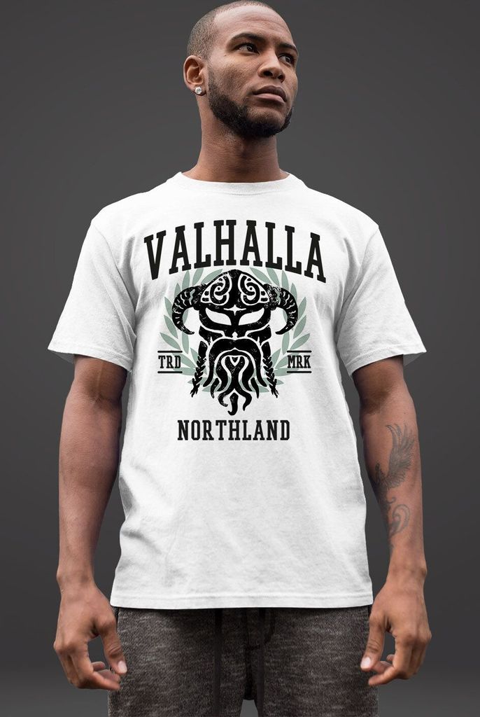 Herren T-Shirt Valhalla Northland Wikinger Helm Nordmänner Bart Viking Fashion Streetstyle Neverless weiß 4XL