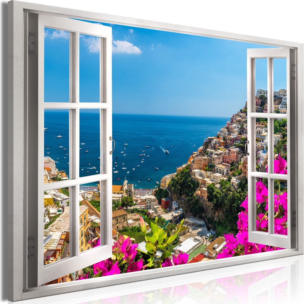 Modernes Wandbild Fensterblick 120x80 - 1 Teile Bilder Fotografie auf Vlies Leinwand Foto Bild Dekoration Wand Bilder Kunstdruck Positano Italy Lan...