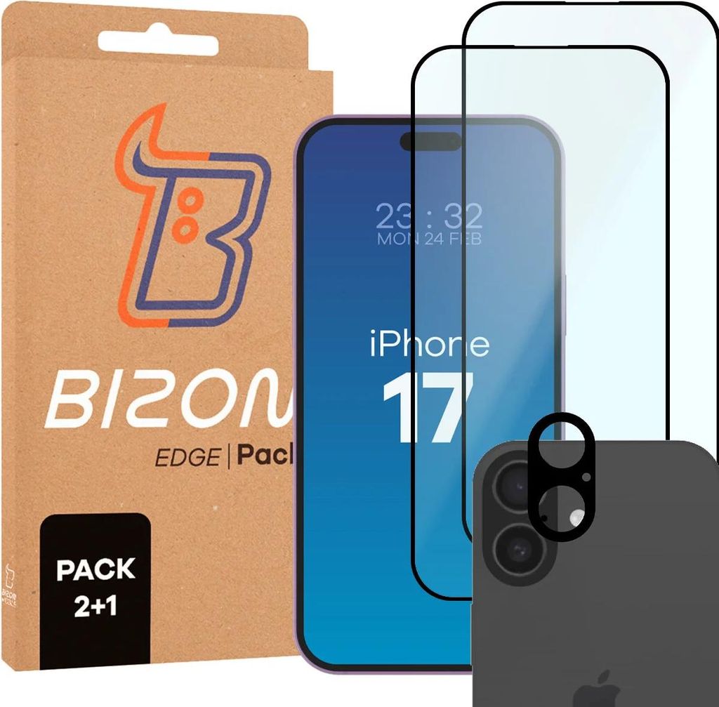 2x Gehärtetes Glas + Kameraschutz für iPhone 17, Bizon Glass Edge Pack, Schwarz