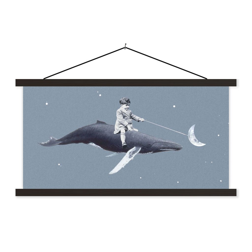 MuchoWow Textilposter Weltraum - Junge - Mond - Wal 120x60 cm mit schwarzem Rahmen - Dekoration Schlafzimmer