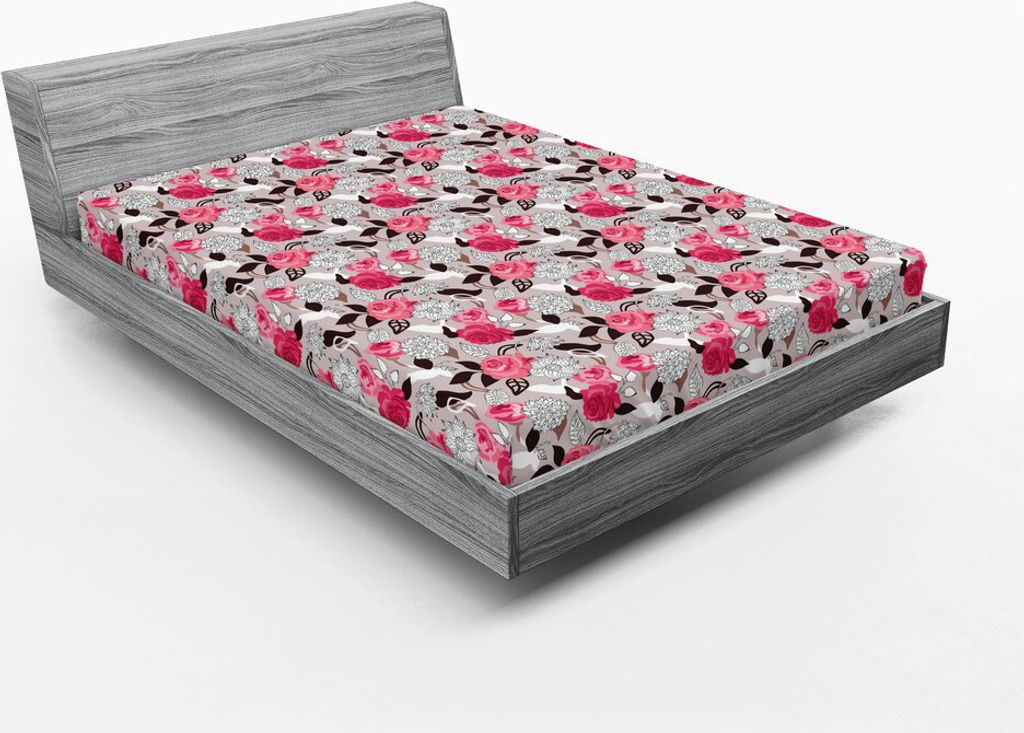 ABAKUHAUS Floral Spannbetttuch, Klassische Romantische Abstrakte Nostalgisch Gezeichnete Bunte Rose Dahlia Blumen, 90 x 190 cm, Rosa Blasser Tan Braun