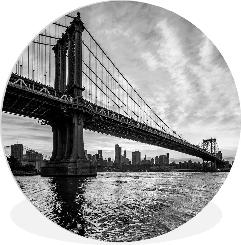 MuchoWow Rundes Wandbild - Runde Bilder Wolken über der Brooklyn Bridge in New York bei Sonnenuntergang - schwarz und weiß Ø 90 cm Kreis Wandd...