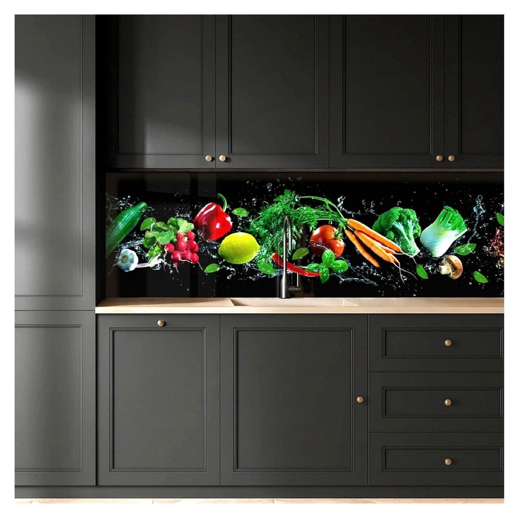 Selbstklebende Küchenrückwand 60x350 cm Küchenspritzschutz Wandschutz Ohne Bohren Spritzschutz Wandverkleidung Gemüse - Spritzer - Schwarz