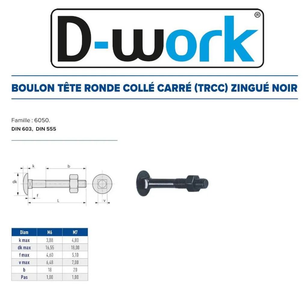 Boulons TRCC 6x60 mm DIN 603 Finition Noir Zingué Haute Qualité D-Work