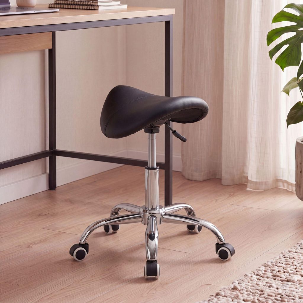 FineBuy MENTON Sattel-Hocker Schwarz Arbeitshocker mit Kunstleder-Bezug Sitzhocker höhenverstellbar Drehhocker Rollen Kosmetikhocker & Praxishocker