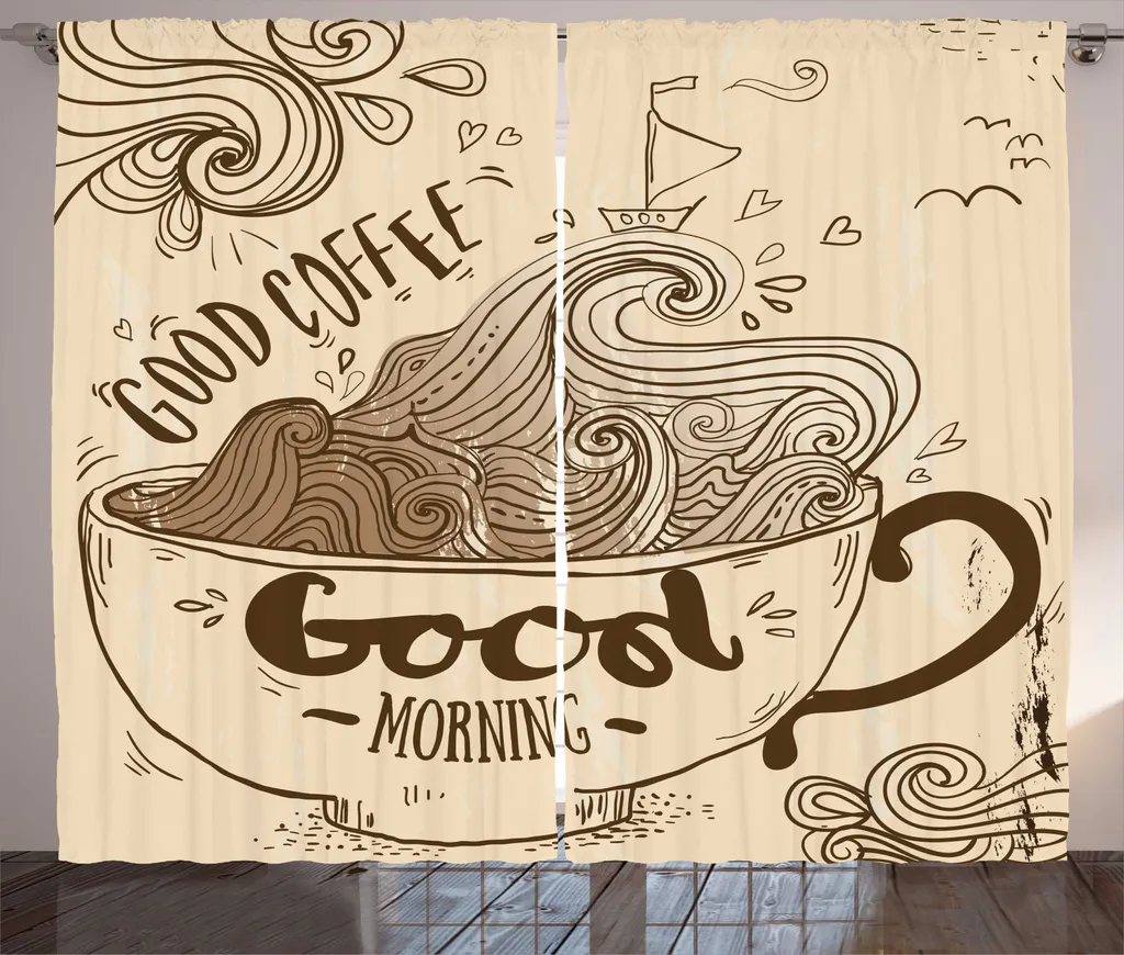 Rideau Rustique Motif Doodle Cup - Textile Décoratif Chocolat et Beige
