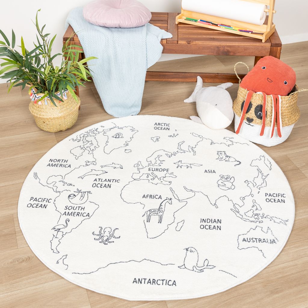 Volero - Kinderteppich Rund - Globe Creme - Ø 120 cm - Kinderzimmer, Babyzimmer