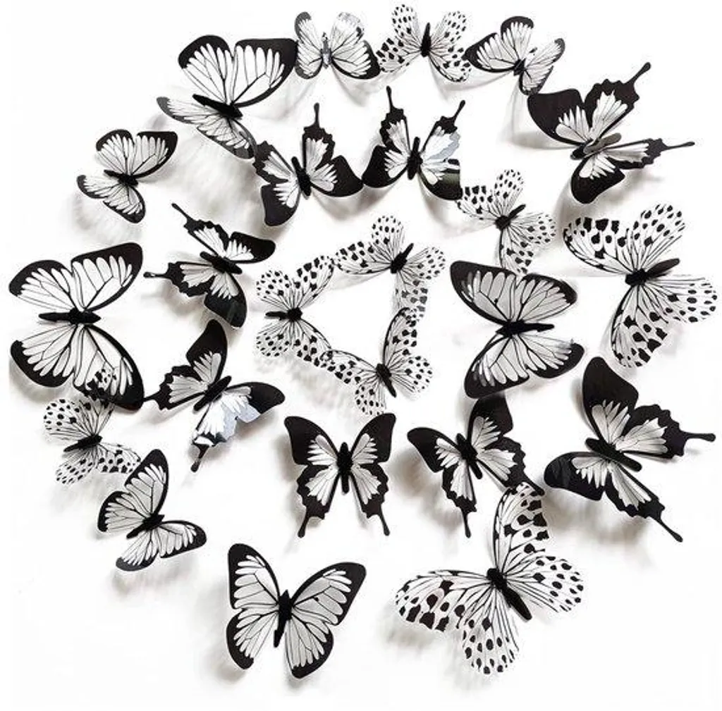 Décoration de Chambre Papillon 3D Noir et Blanc Kit de 48 Pièces