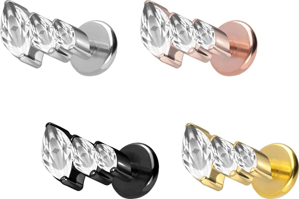Ohrpiercing, Nasenpiercing Titan Labret mit Push Fit 3 EINGEFASSTE KRISTALLTROPFEN Silber Stablänge: 8mm | Stabstärke: 1mm