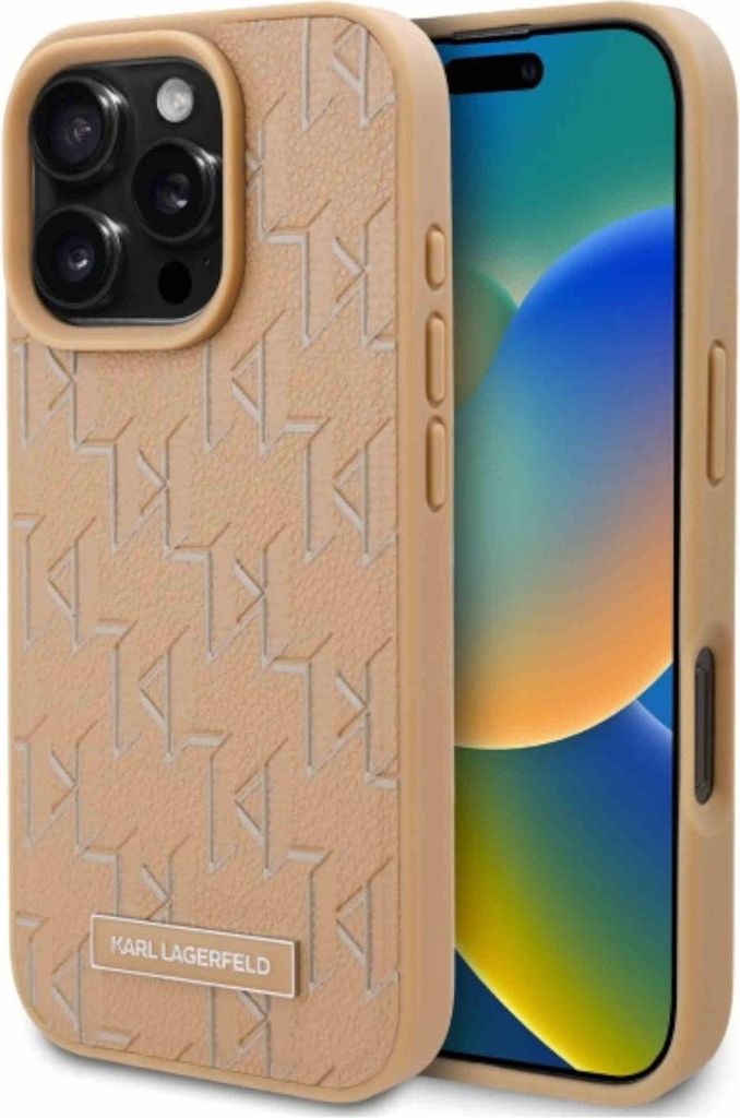 Karl Lagerfeld MagSafe Lederhülle mit Monogramm und Metalllogo für iPhone 16 Pro – Beige