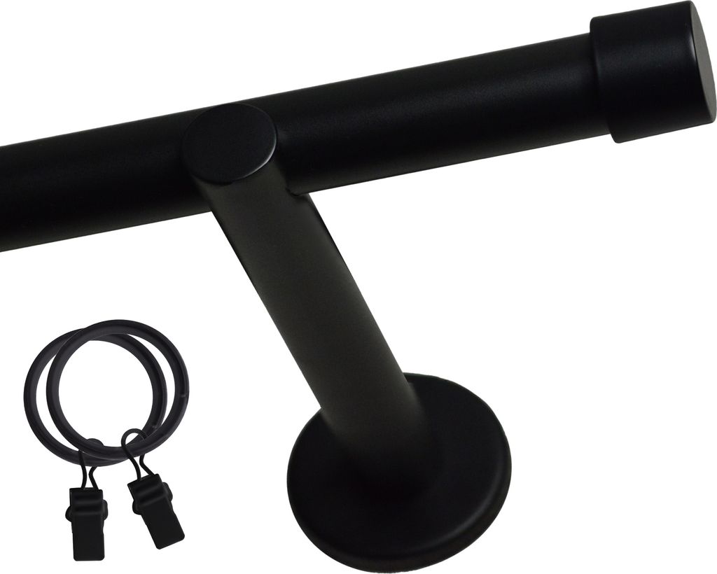 Voppi Gardinenstange Loft 1-läufig 320 cm 25 mm schwarz, silent Vorhangringe mit Klammern, moderne Vorhangstange, einfache Wandmontage