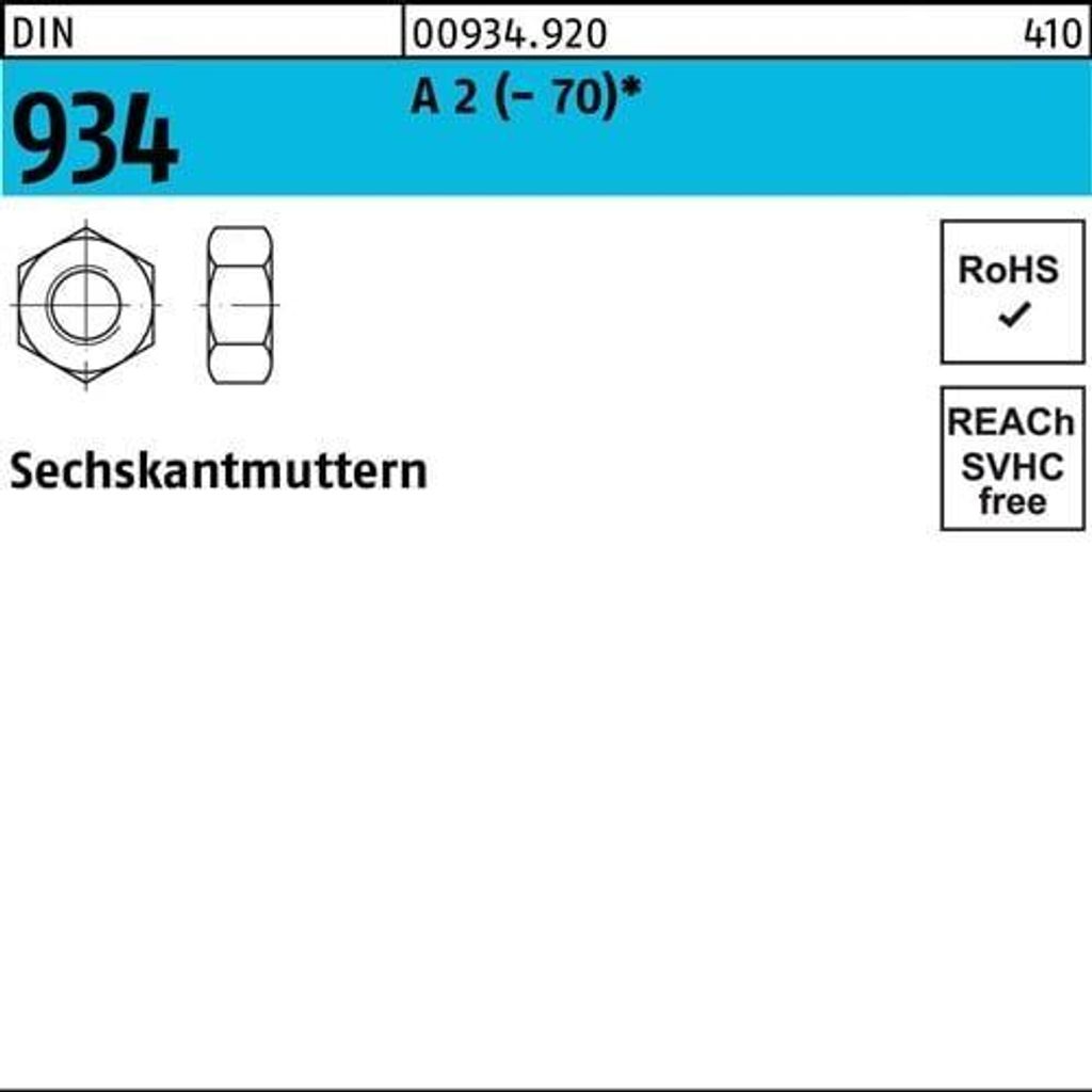 Reyher  Sechskantmuttern DIN 934 A 2 -70 M 8 A 2 (100 Produktbild 
