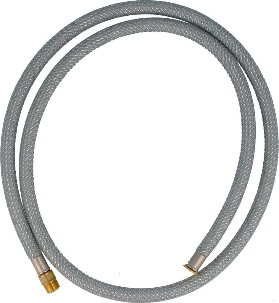 A gray braided hose with metal fittings on each end, laid out in a loop on a white background.