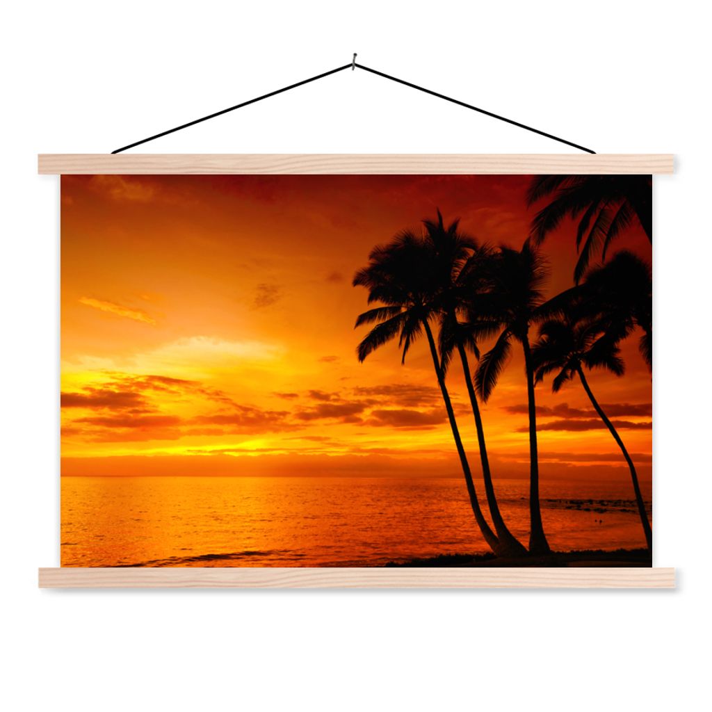 MuchoWow Textilposter Palme - Sonnenuntergang - Tropisch - Orange - Meer 60x40 cm mit holzfarbenen Rahmen - Bilder