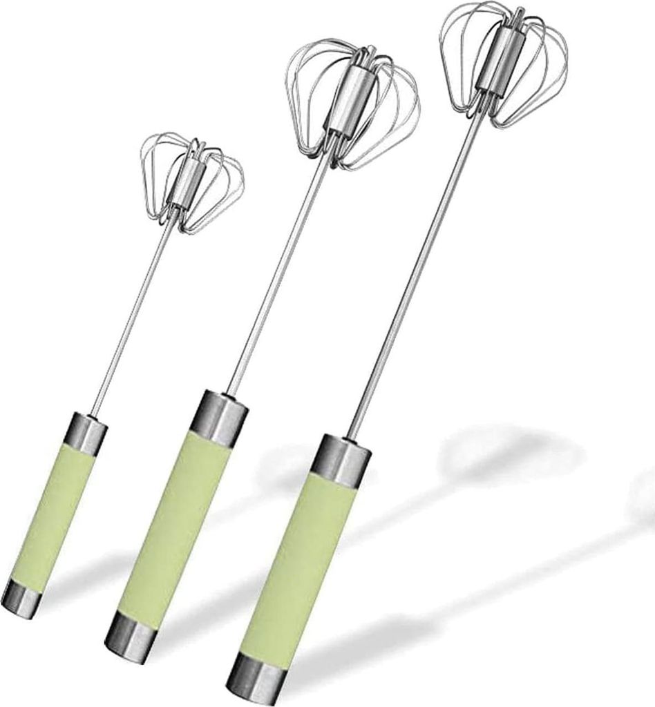 3 grüne halbautomatische Schneebesen aus Edelstahl – Hand-Dreh-Schneebesen, Mixer, automatischer Schneebesen zum Mischen, Rühren von Teig, Eier...