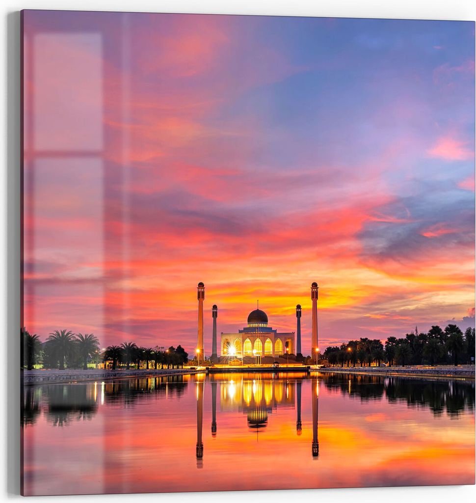DEQORI Glasbild Echtglas 50x50 cm 'Moschee im Abendpanorama' Wandbild Bild modern Deko