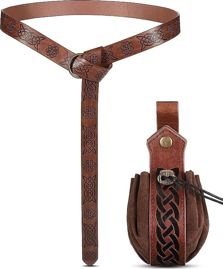 Halloween Nekromanten Anzug,Mittelalter GüRtel,Mittelalterliche Kunstleder Tasche mit Kordelzug,für Cosplay,Zauberer,Hexe Kostüm Zubehör,