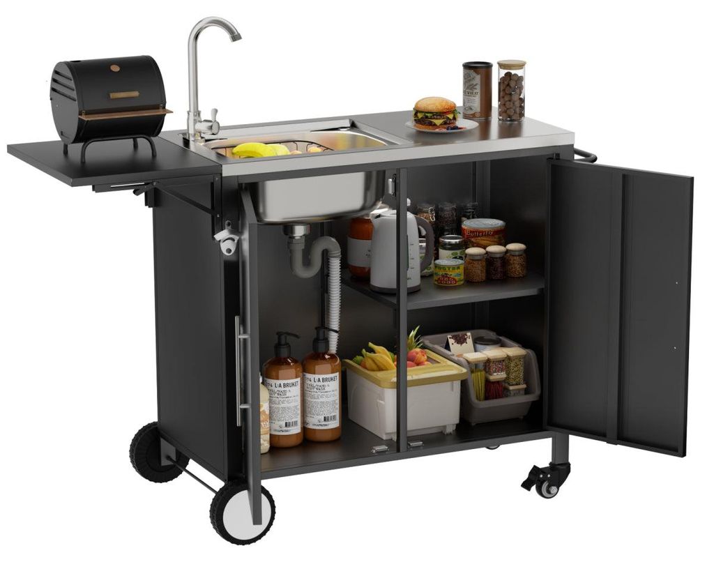 Grilltisch mit Spüle, metallene Kücheninsel mit klappbarer Arbeitsplatte & Stauraum, rollbarer Grillwagen für Garten, Hinterhof und Rasen