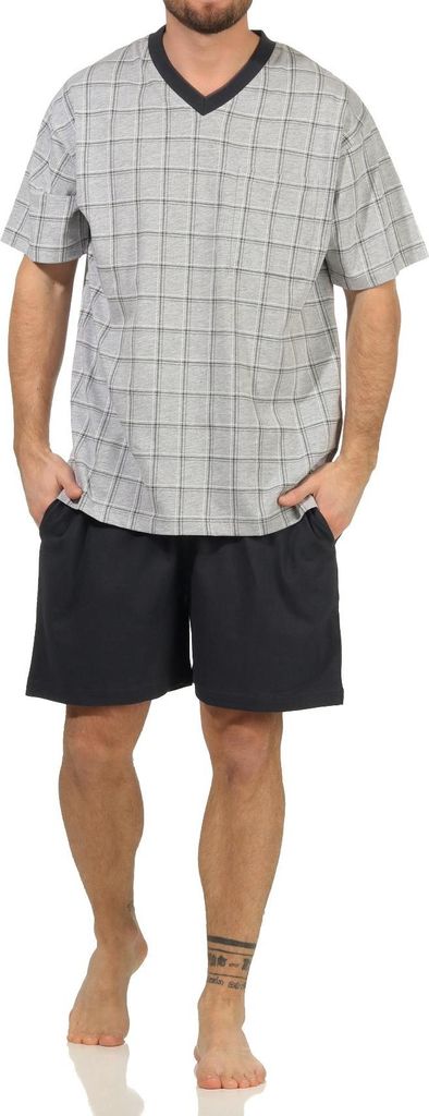 Herren Schlafanzug kurzarm Shorty Pyjama mit karierten Oberteil - 112 105 90 445 ; dunkelgrau , 48