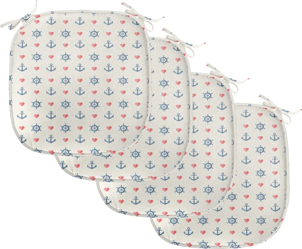 ABAKUHAUS Cuscini di rinforzo per sedie da sala da pranzo, motivi marittimi artistici, cuscini decorativi impermeabili con cinghie per sedie da cucina, 40 cm x 40 cm, confezione da 4, bianco blu rosso