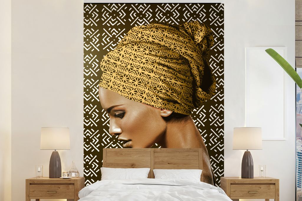 MuchoWow Fototapete für Wohnzimmer oder Schlafzimmer Wandtapete Vinyl Motivtapete Frau - Kopftuch - Schnittmuster - 195x300 cm - Das Hintergrund...