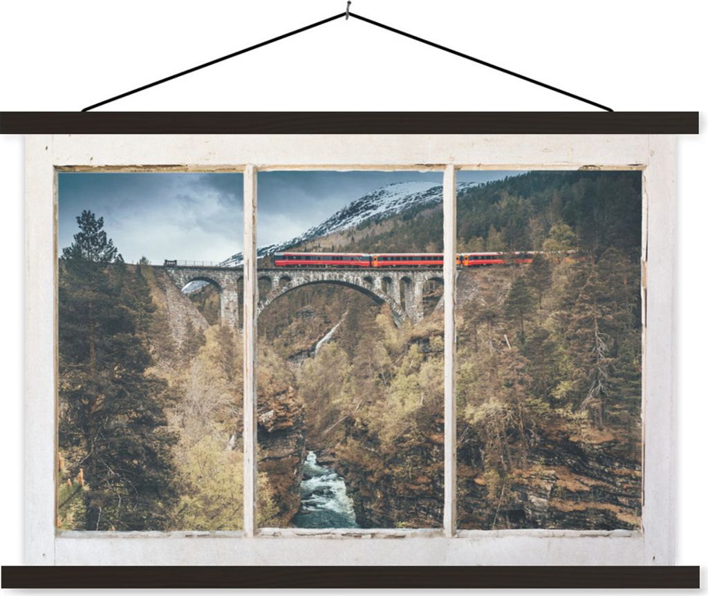 MuchoWow Textilposter Aussicht - Berg - Brücke 120x80 cm mit schwarzem Rahmen - Wanddeko
