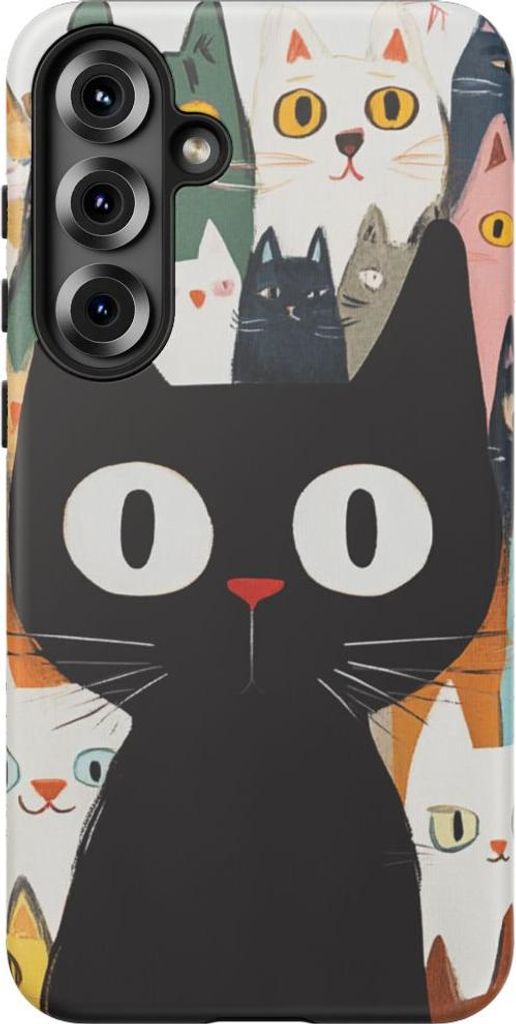 Schwarze Katze im Kreis bunter Cartoon-Katzen – Hülle Kompatibel mit Galaxy S25 Plus