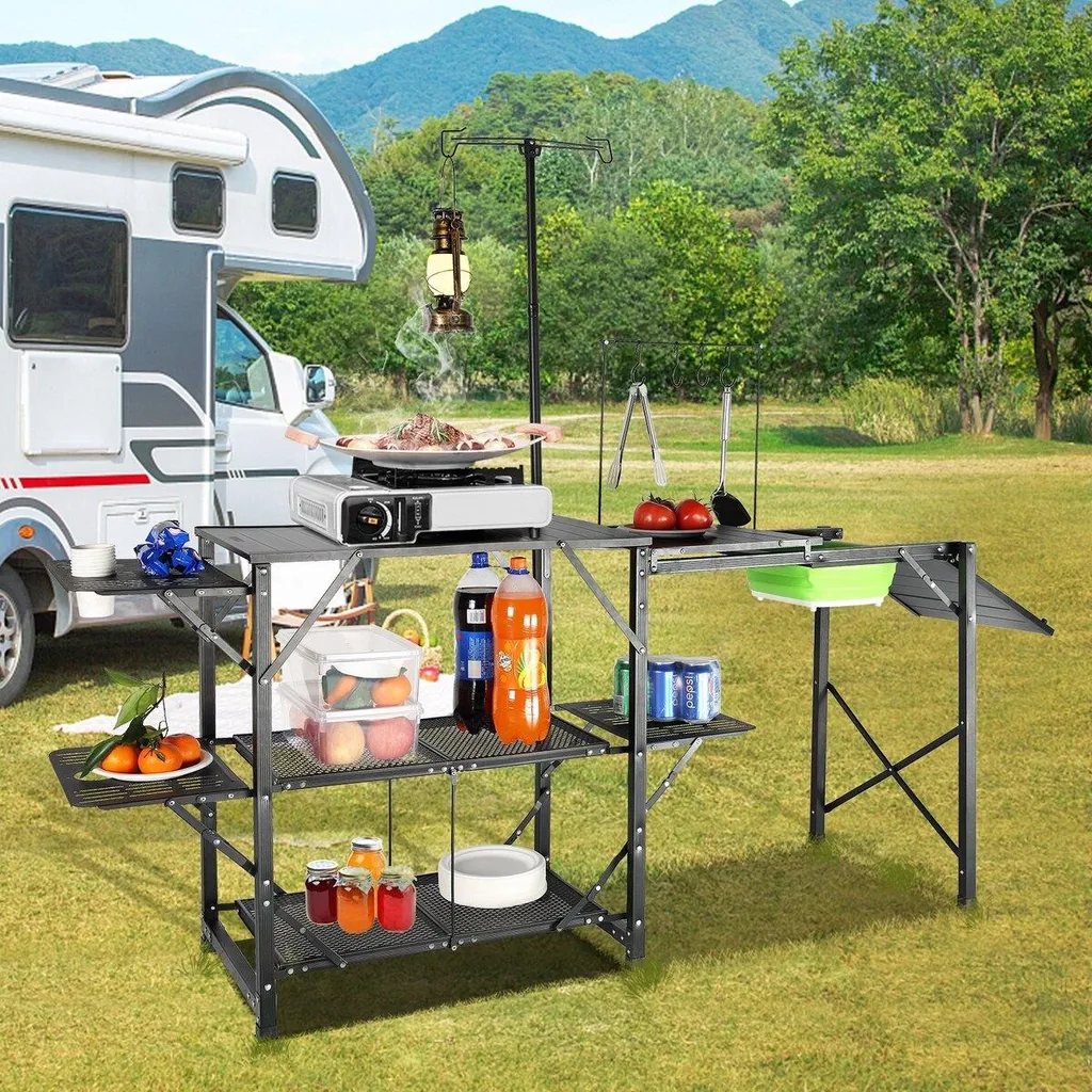 Table camping aluminium avec évier et 2 étagères de rangement intégrées - 8