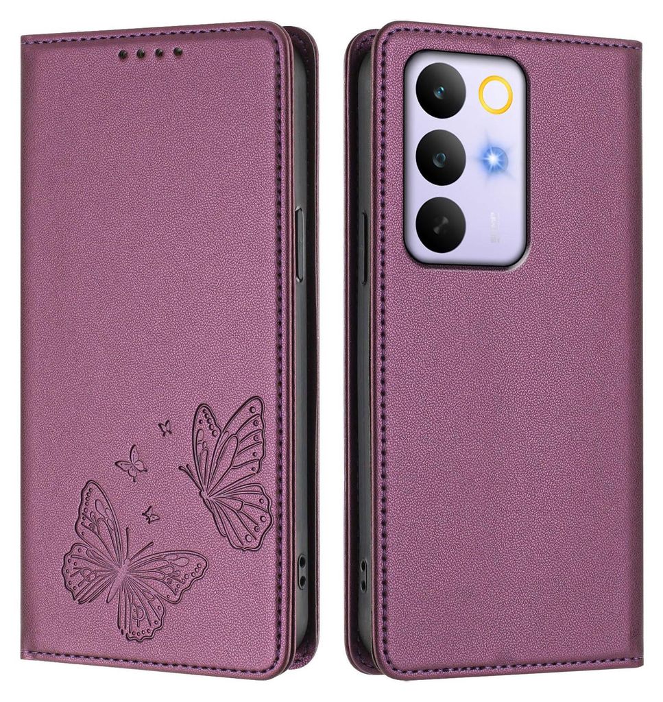 Lederhülle für Realme C85 Pro, Schmetterling Prägung Leder Brieftasche Schutzhülle mit Ständer Lila