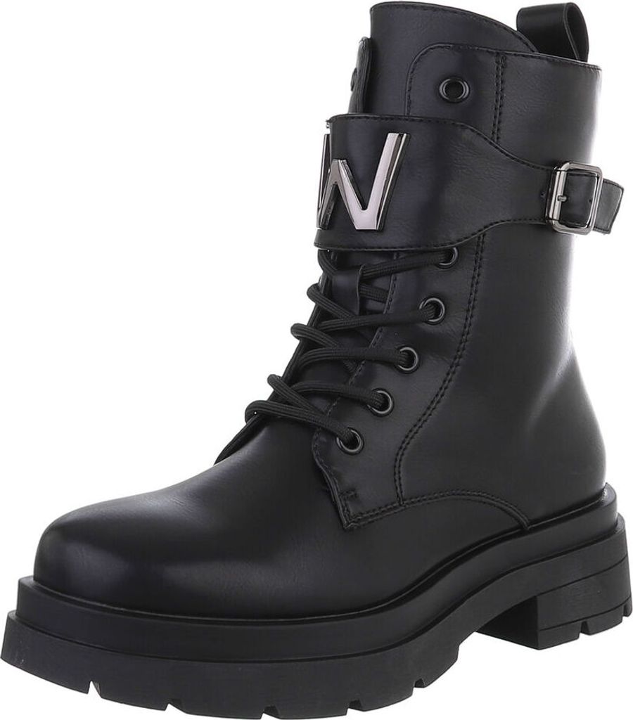 Ital-Design Damen Stiefeletten Plateaustiefeletten Lederoptik Schnürstiefeletten 88460357 Schwarz Gr. 36