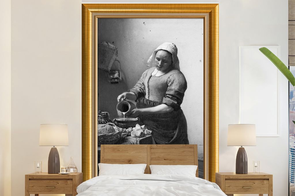 MuchoWow Fototapete für Wohnzimmer oder Schlafzimmer Wandtapete Vinyl Motivtapete Milchmädchen - Vermeer - Rahmen - Gold - 200x300 cm - Wanddek...