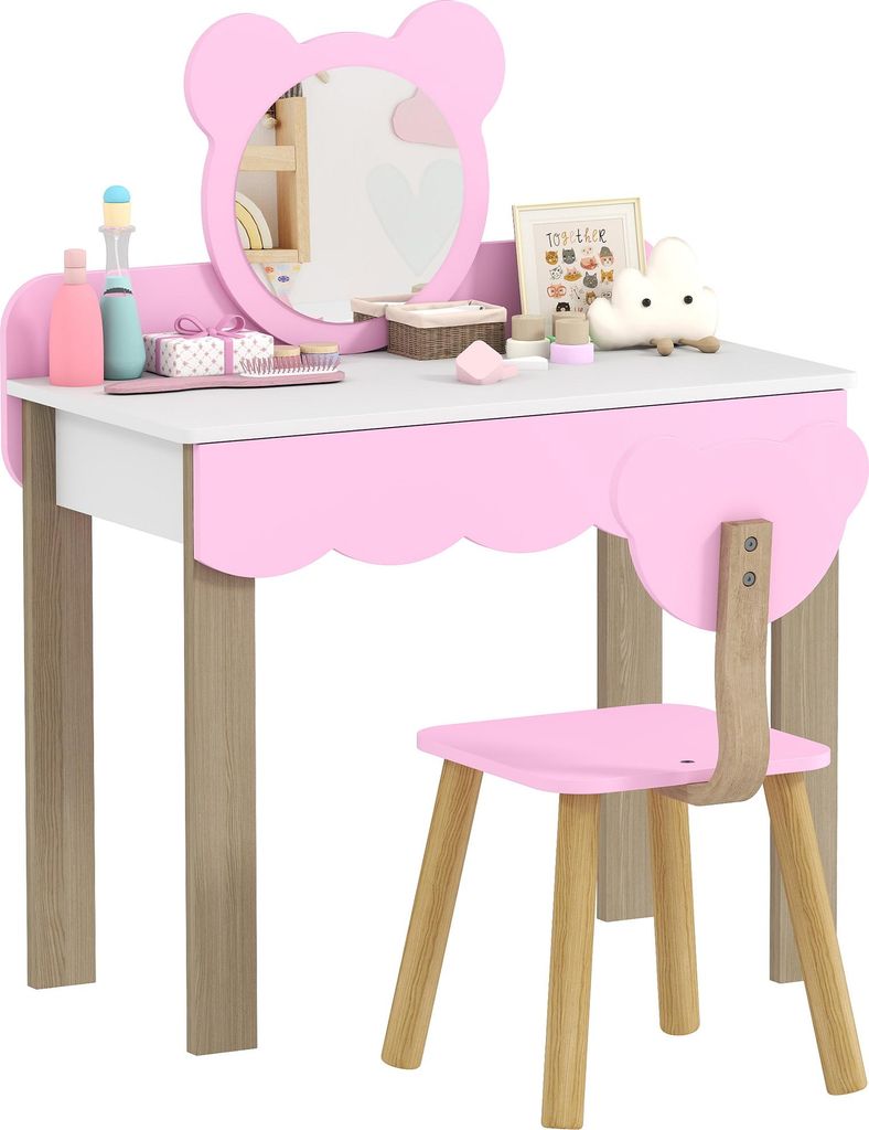 AIYAPLAY Kinder Schminktisch Set Frisiertisch mit Hocker Spiegel Schubladen Zubehör, Make-up Tisch Set im Bärendesign, Kinderschminktisch 3-8 Jahre