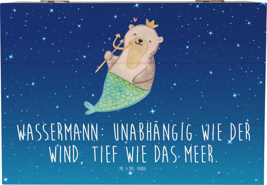 Mr. & Mrs. Panda Truhe Wassermann Astrologie 22 x 15 cm - Sternenhimmel Blau - Geschenk, Holzkiste, Sternzeichen, Kiste, mit Deckel, Geburtstagsges...