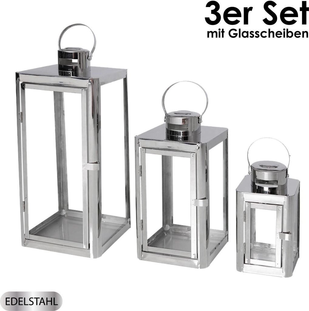3er Set Edelstahl Laterne Gartenlaterne Windlicht Kerzenhalter Glasscheibe Deko edelstahl