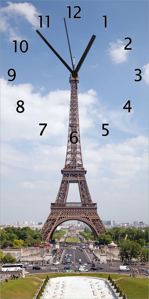 Wallario Design Wanduhr Eiffelturm in Paris aus Echtglas, Größe 30 x 60 cm