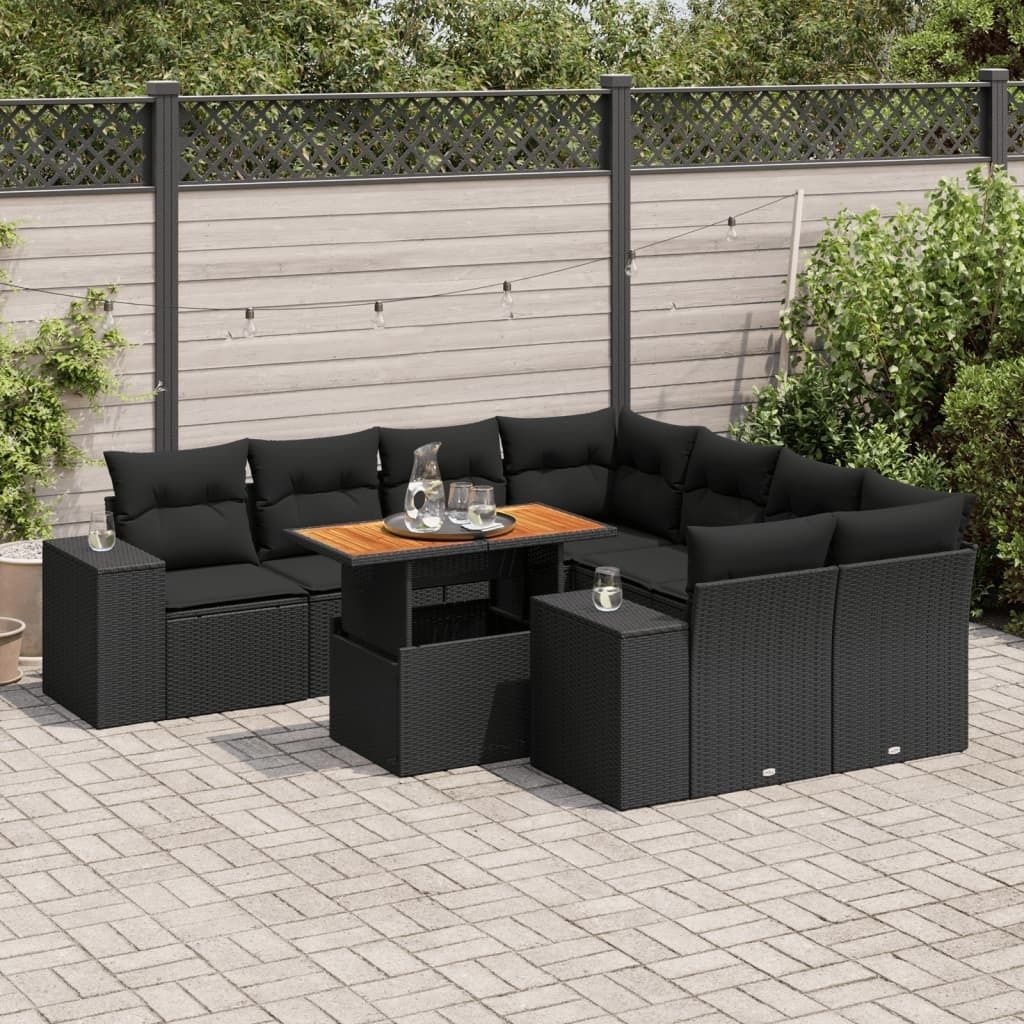 "2026 Promotion" 9-tlg. Garten-Sofagarnitur/Terrassenmöbel - mit Kissen - Schwarz Poly Rattan - Gartenmöbelset CC18303