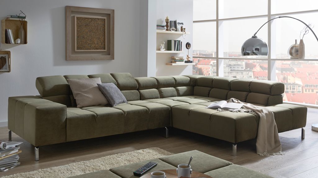 KAWOLA Sofa NELSON Ecksofa Velvet olivgrün Recamiere rechts
