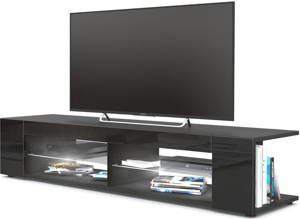 Vladon Lowboard Movie, TV-Kommode mit 4 offenen Fächern und Zierleisten, Schwarz matt/Schwarz Hochglanz, inkl. LED-Beleuchtung in weiß (134 x 29 ...