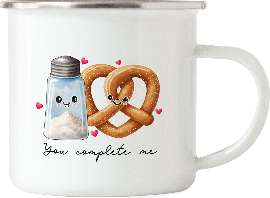 You Complete Me Emaille Tasse Butter Bretzel Salz Lauge Valentinstag Freundin Freund Süß Geschenkidee Paar Liebe