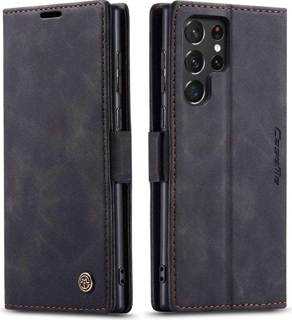 Galaxy S22 Ultra 5G Hülle, Retro Kunstledertasche mit Standfunktion Schutzhülle für Samsung Galaxy S22 Ultra 5G Schwarz