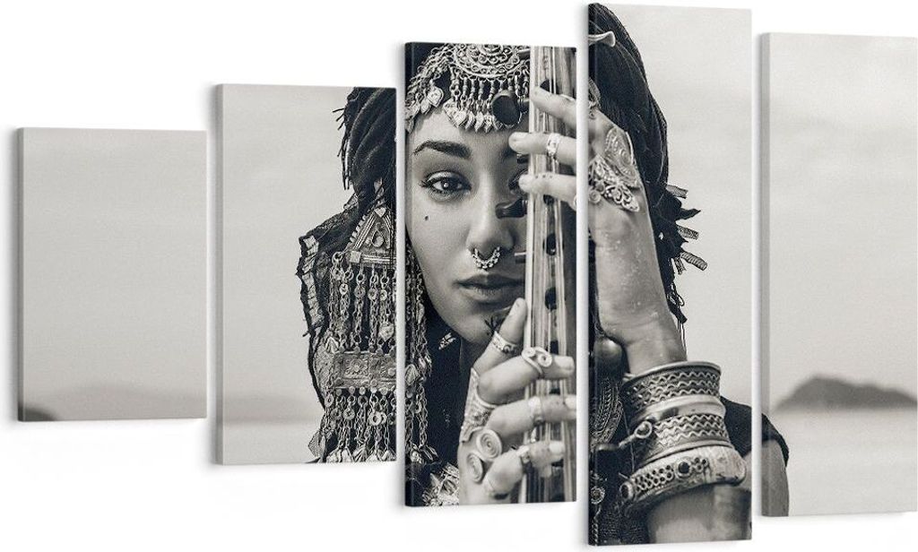 Bild auf Leinwand - Leinwandbild - 5 Teile - Frau ethnisch Schmuck - 100x60cm - Wand Bild - Wanddeko - Wandbilder - Leinwanddruck - Bilder - Wandde...