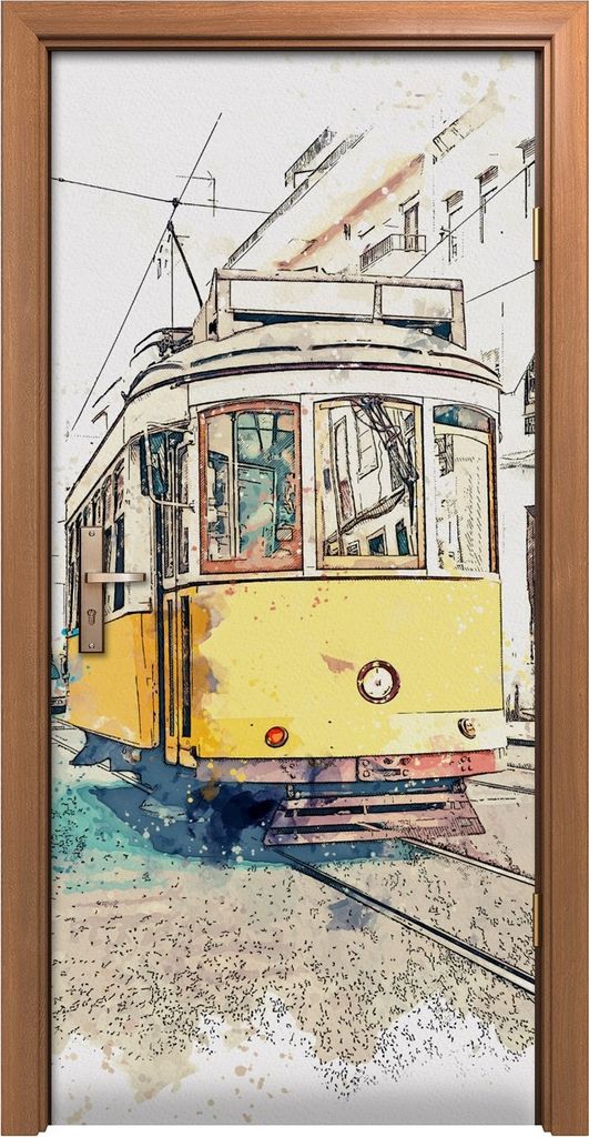 Türposter 90x200 cm Türaufkleber Türtapete Türfolie Klebefolie Skizze mit Aquarell Straßenbahn City