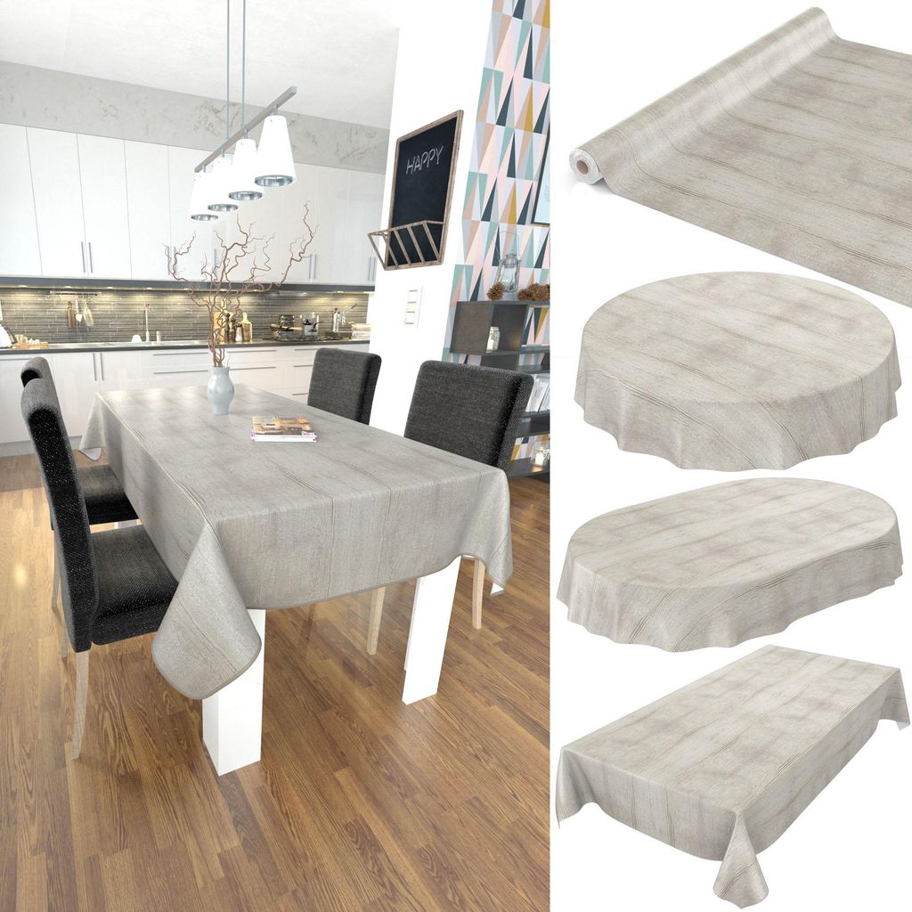 Tischdecke Wachstuch Holz Grau Robust Wasserabweisend Oval Breite 140 cm Länge 220 cm