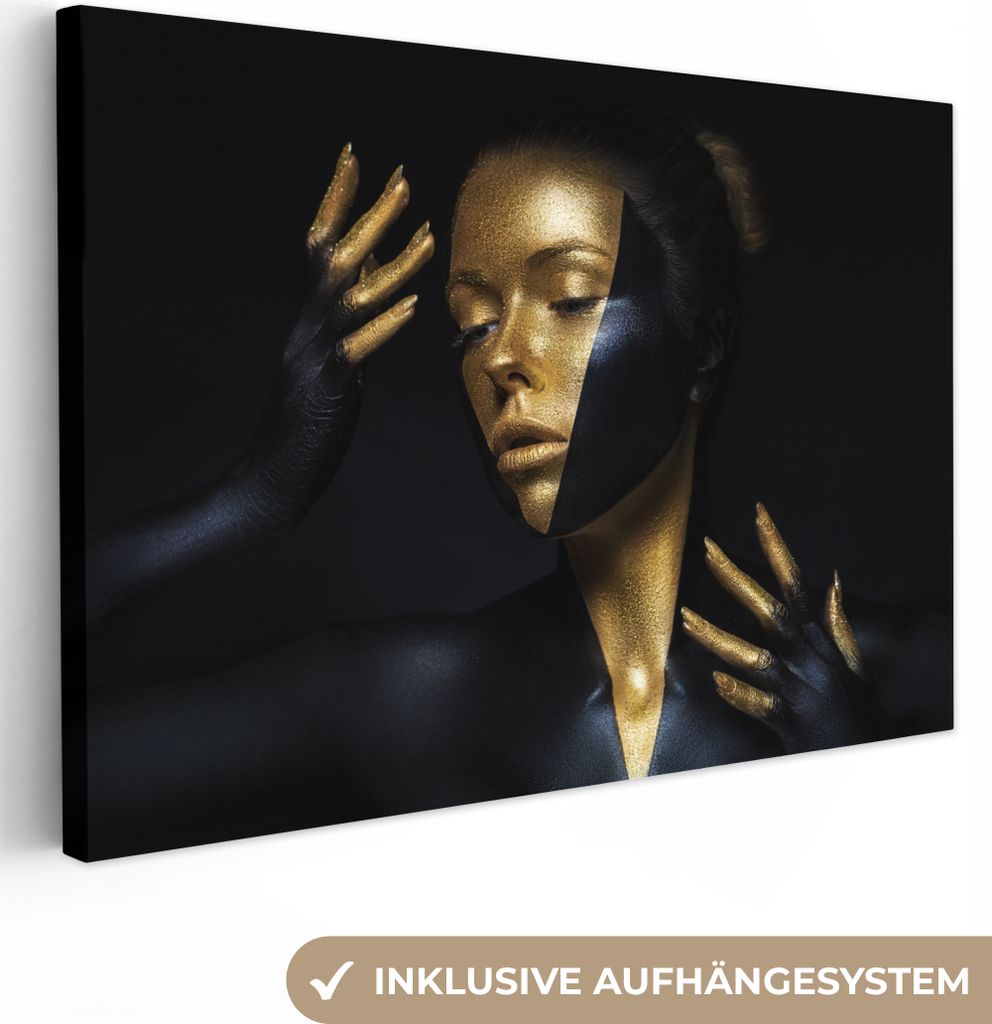 OneMillionCanvasses - Leinwandbilder - 150x100 cm, Make-up - Kunst - Frau - Luxus - Gold, Wandbilder Kunstdruck Wanddekoration