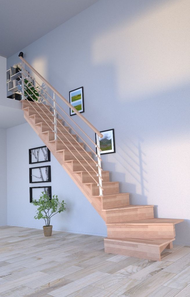 Holztreppe Lindos (Buche) in 1/4 gewendelter Ausführung links-80 cm-Design Geländer Holzrundstäbe-mit Setzstufen