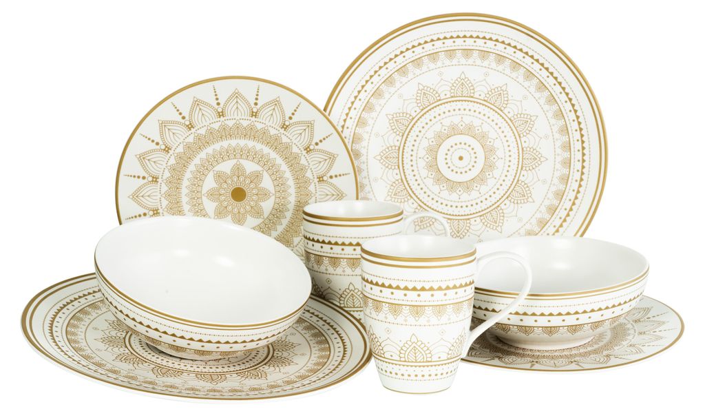 A collection of white and gold mandala-patterned dinnerware, including plates, bowls, and mugs, arranged on a white background.