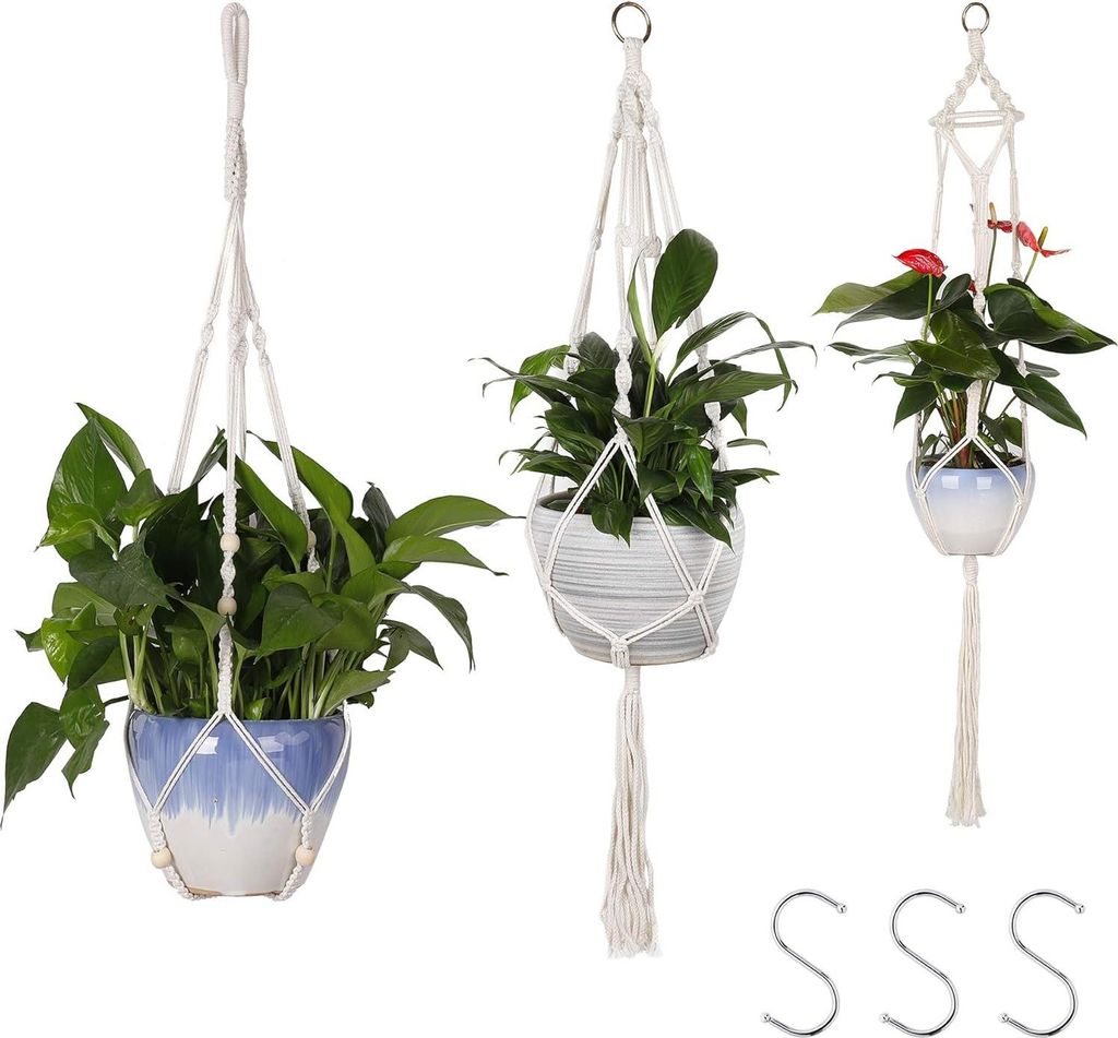 Pflanzenhänger Baumwollseil Hängender Pflanzkorb Weiß Blumentopf Hänger - Innen- und Außendekoration - 3er Pack mit Aufhänghaken