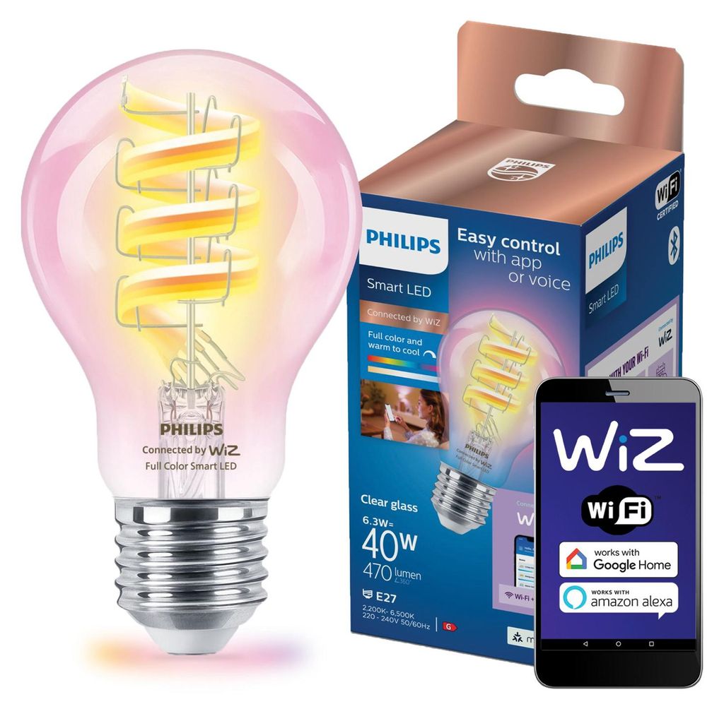 Philips WiZ Smart LED Spiral Filament A60 Birne 6,3W = 40W E27 klar 470lm RGBTW 2200–6500K Dimmbar App Google Siri Bluetooth WiFi