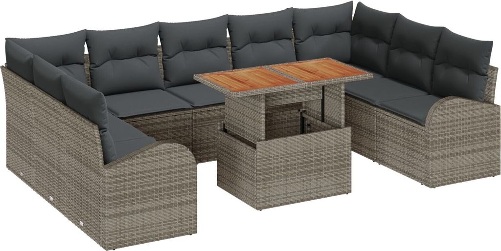 Möbel 10-teiliges Garten-Esstisch-Set mit Kissen Grau Poly Rattan Akazie - Gartensofas 3349628